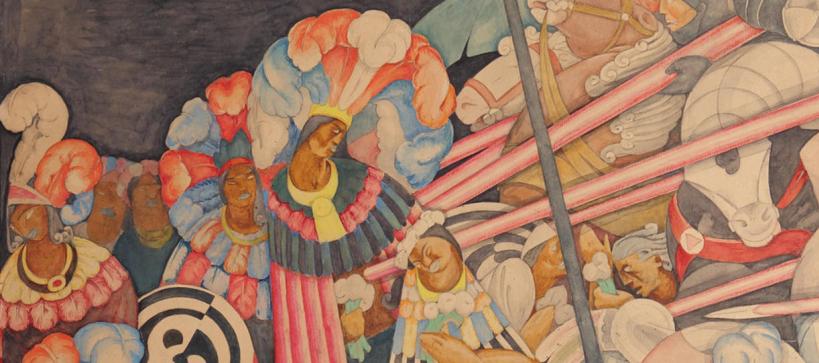 watercolor painting women wearing elaborate head dresses and horses