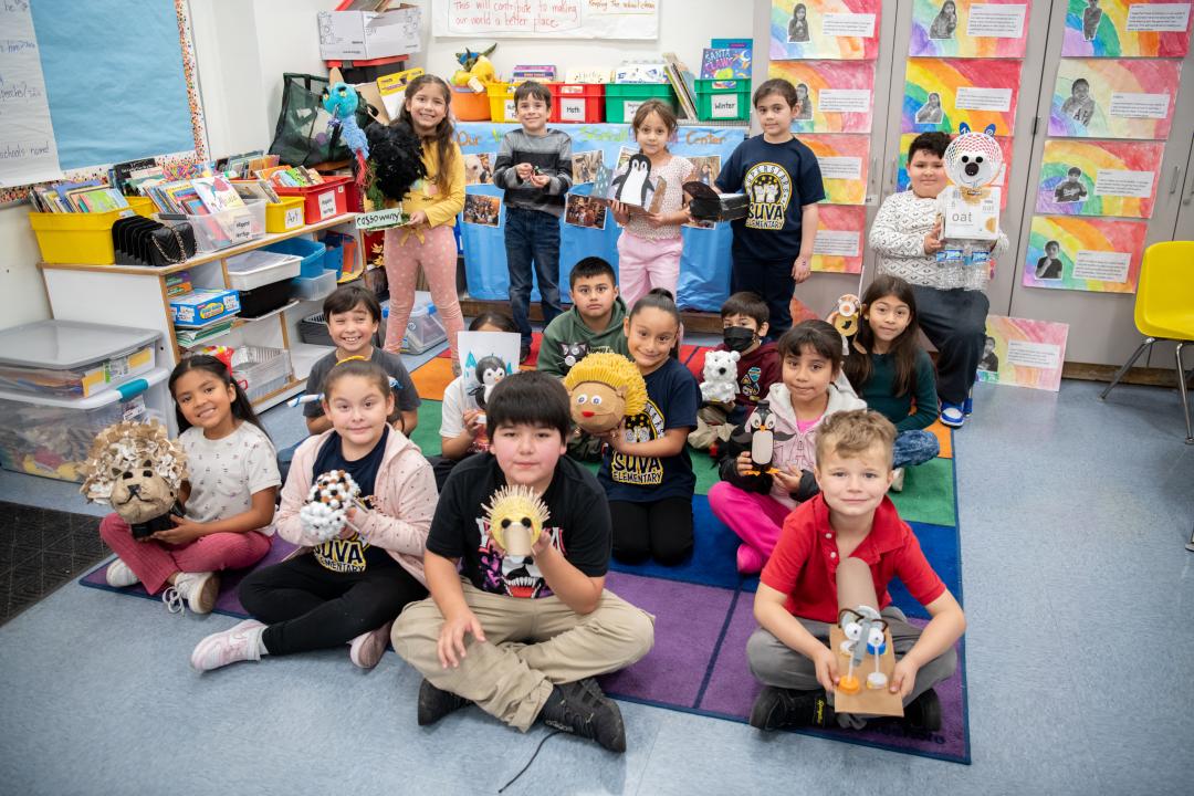 Suva Elementary students with their animal sculptures.