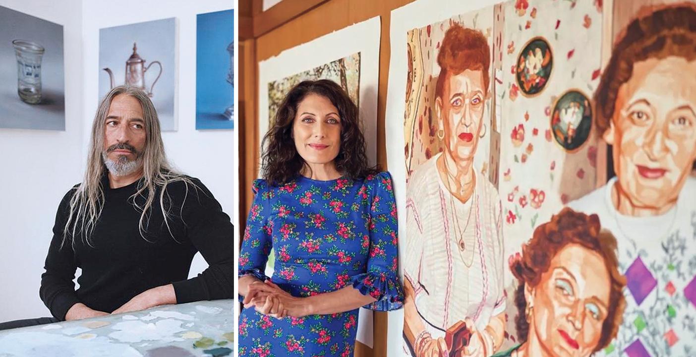 Two images of artist in their painting studios.