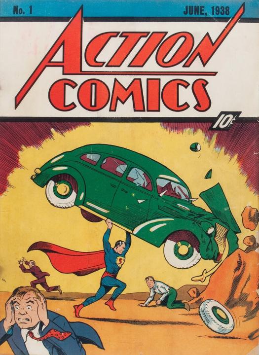 Comic book cover depicting Superman lifting green automobile over his head