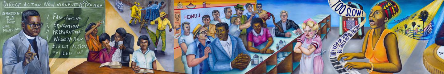 A colorful mural filled with people in a classroom and dinner with African Americans and civil rights.