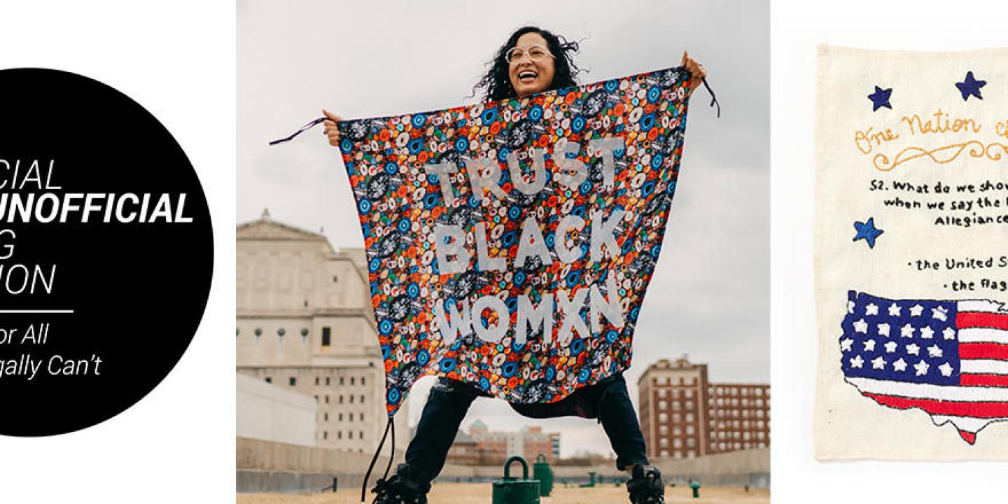 Aram Han Sifuentes holding up a quilt that says 'Trust Black Womxn'