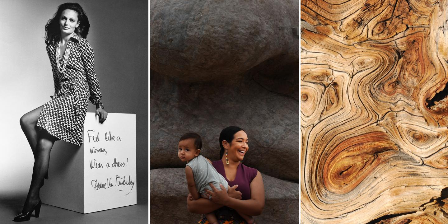 Three images from our upcoming exhibits feature a portrait of Diane von Furstenberg posing in her famous wrap dress, a woman holding a young child in front of a large stone sculpture, and a close up of wood grain.