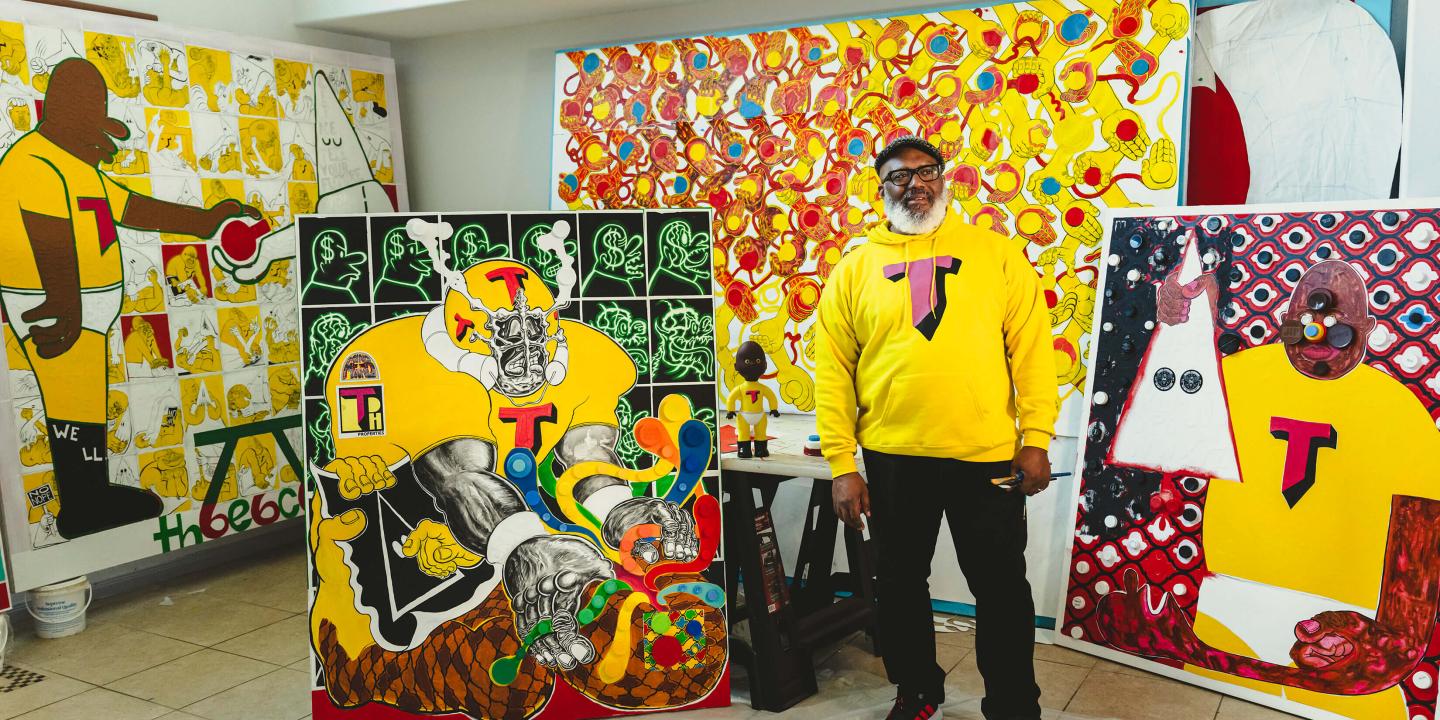 Artist Trenton Doyle Hancock in his studio.