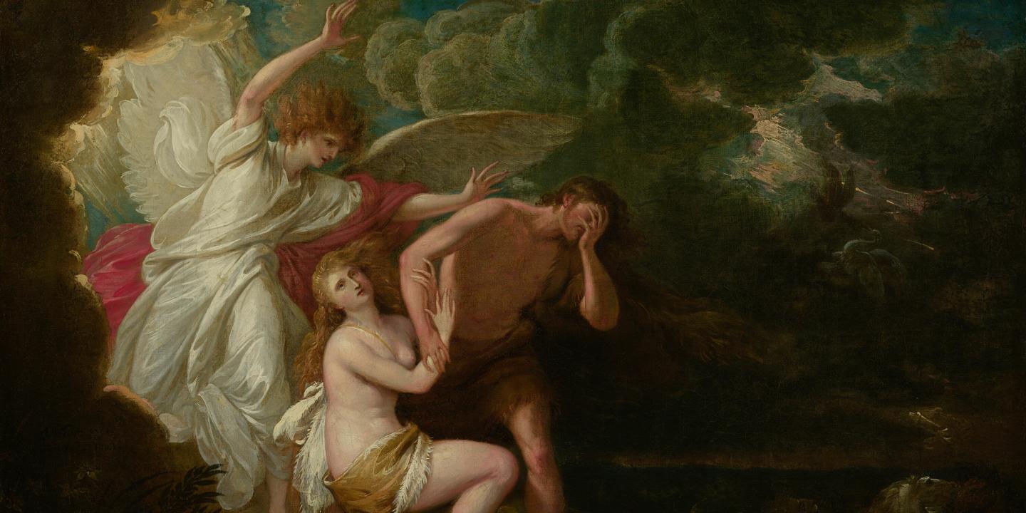 This tumultuous scene shows Adam and Eve, the first man and woman in the Hebrew Bible, being driven out of the Garden of Eden.
