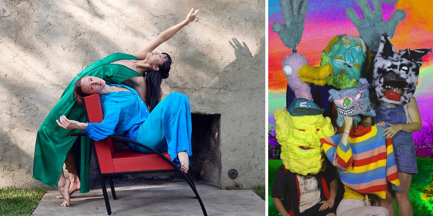 One photo of two dancers in a dance pose, and a photo of four performers with animal puppet masks.