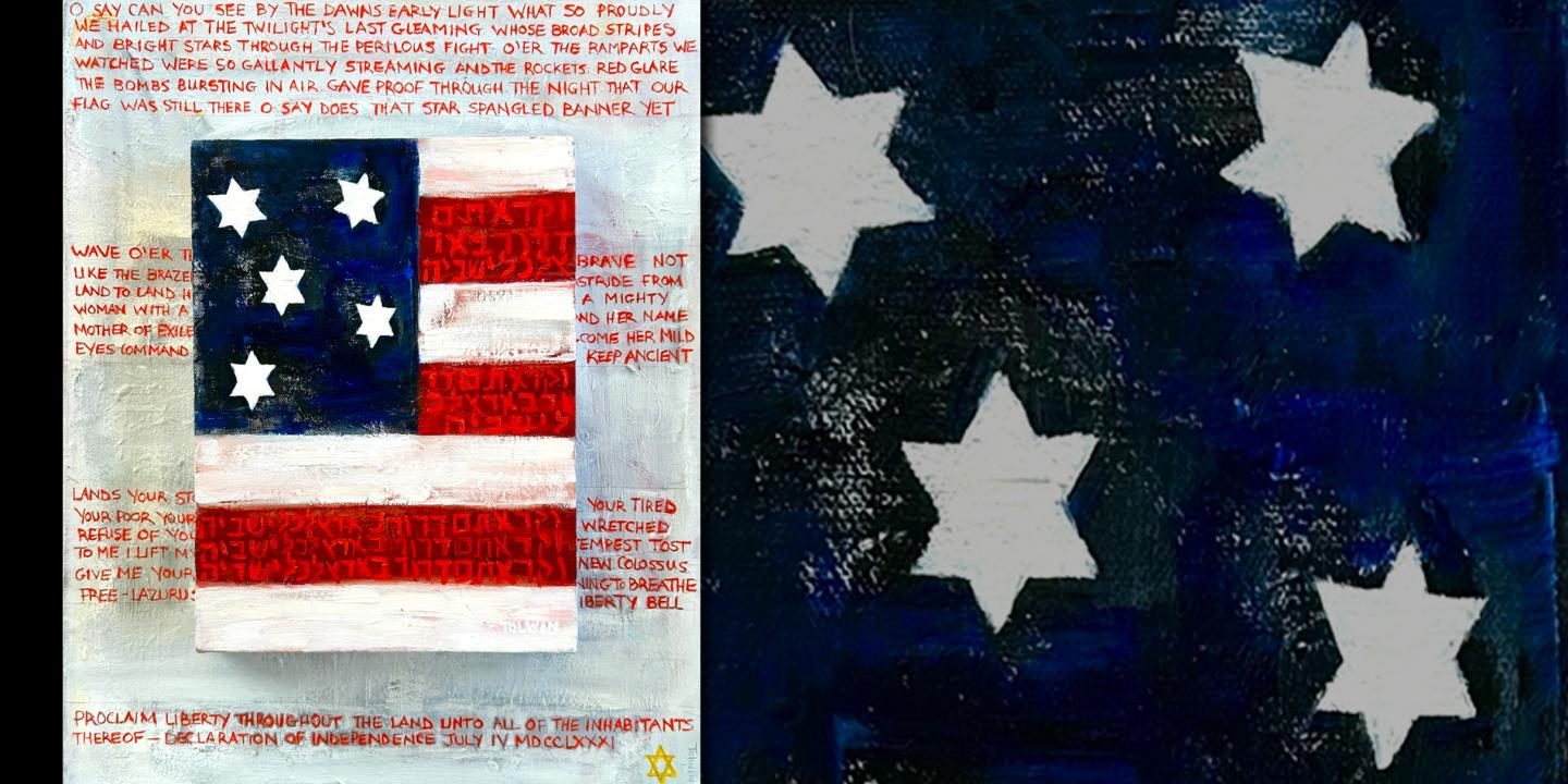 A painting of the American flag with words written behind it.