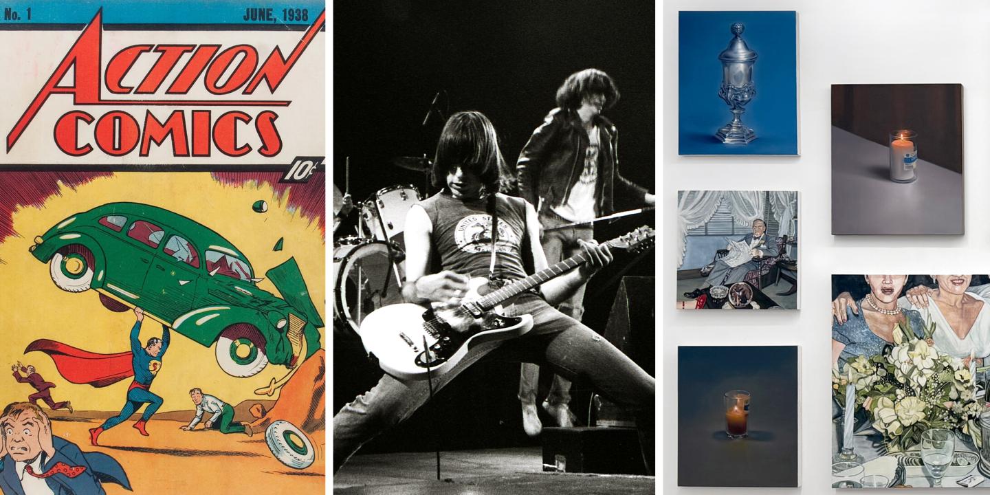 Three images in three boxes; Action Comics cover, A man playing guitar on stage, and paintings arranged on a gallery wall of objects like candles, and place settings.