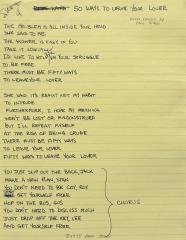 lyrics for '50 Ways to Leave Your Lover' handwritten on yellow lined paper