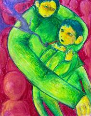 A pastel drawing of two figure in bright green on a red background. One figure is holding a cigarette up to the others mouth.