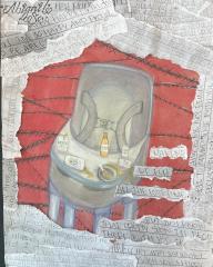 A highchair in the middle of the drawing with beer and alcohol bottle on it. A collage of words around the perimeter.