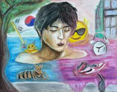 A pastel drawing of a torso sitting in water with object's like a sun with sunglasses on, a sneaker, a clock, a tiger, and a bear holding a flag of Korea.