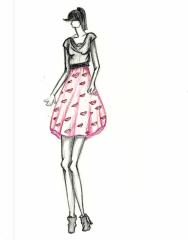 A fashion drawing in colored pencil with a pink skirt with lips on it and a black top.