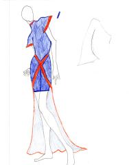 A fashion drawing in colored pencil blue dress and red drape criss-crossed the lower section that hangs to the ground.