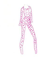 A fashion drawing in colored pencil in pink of a tight pantsuit with a lips pattern
