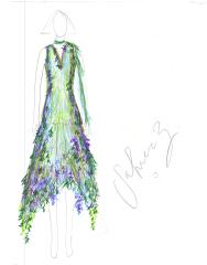 A fashion drawing in colored pencil with a green dress and cascading flowers draping off of it in blues and purples.