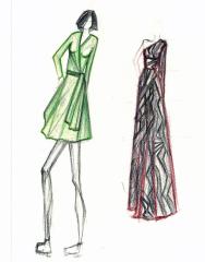 A fashion drawing in colored pencil with two wrap dresses, one in green and one with a wavy line pattern.