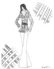 A pencil drawing in black and white of a patterned short dress.