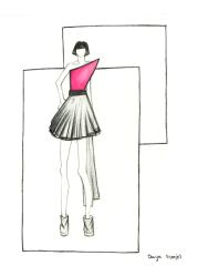 A fashion drawing of a pink top and short pleaded skirt in black.