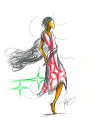 Fashion illustration: Red and white pattern dress at knee length
