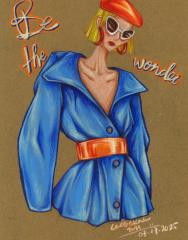 A fashion sketch of a blue jacket with red belt and hat on dark paper