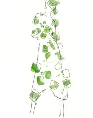A fashion sketch of a dress with green geometric shapes
