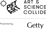 PST ART – Art & Science Collide logo in black text, with Presented by Getty at the bottom of the image.