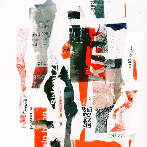 Black, white, and red collage made of torn posters