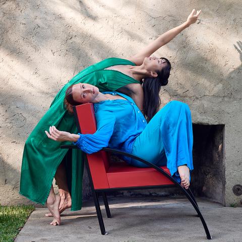 One photo of two dancers in a dance pose, and a photo of four performers with animal puppet masks.