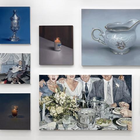 An arrangement of six paintings of table setting and table objects.