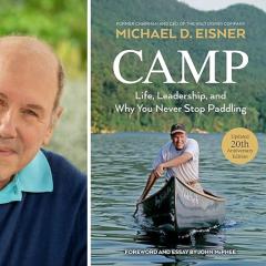 Headshot of Michael Eisner wearing a blue, collared shirt looking at the camera next to the cover design of his book, Camp.