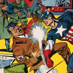 A coming book cover with super hero Captain America punching Hitler in the face.