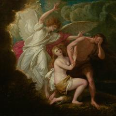 This tumultuous scene shows Adam and Eve, the first man and woman in the Hebrew Bible, being driven out of the Garden of Eden.