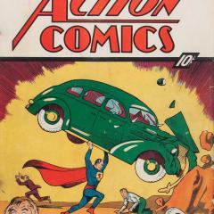 Comic book cover depicting Superman lifting green automobile over his head