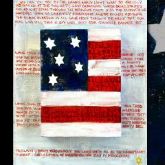 A painting of the American flag with words written behind it.