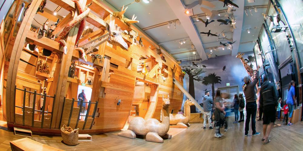 Visitor in Noah's Ark Gallery. Animal and ark made from wood and found materials. You can see giraffes, camels, snakes and birds.